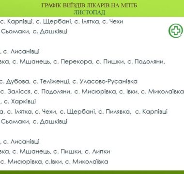 ГРАФІК ВИЇЗДІВ СІМЕЙНИХ ЛІКАРІВ ТА ЛІКАРЯ-ТЕРАПЕВТА КНП "СТАРОСИНЯВСЬКИЙ ЦПМСД" - НА ЛИСТОПАД