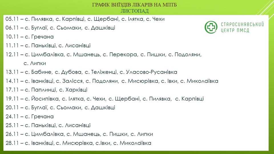 ГРАФІК ВИЇЗДІВ СІМЕЙНИХ ЛІКАРІВ ТА ЛІКАРЯ-ТЕРАПЕВТА КНП "СТАРОСИНЯВСЬКИЙ ЦПМСД" - НА ЛИСТОПАД